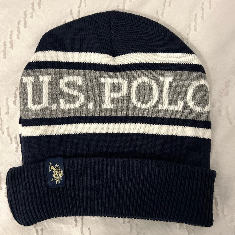 US Polo Assn. Blue Gray Spellout Wordmark Cuffed Beanie Hat